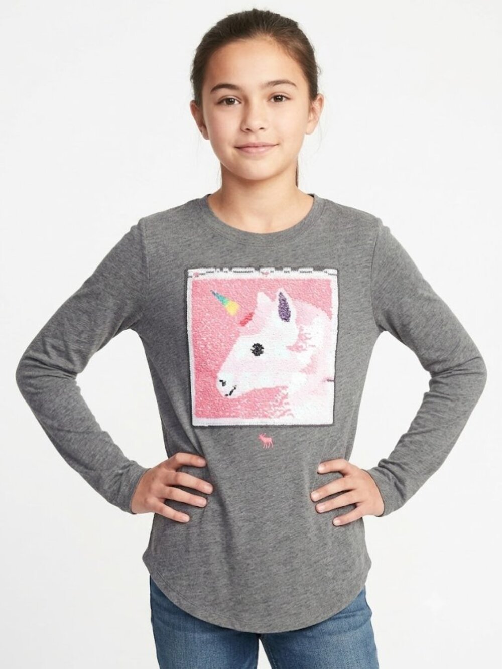 Abercrombie Kids Girls Unicorn Flip Sequin Tee Gray Long Sleeve Crew 13–14